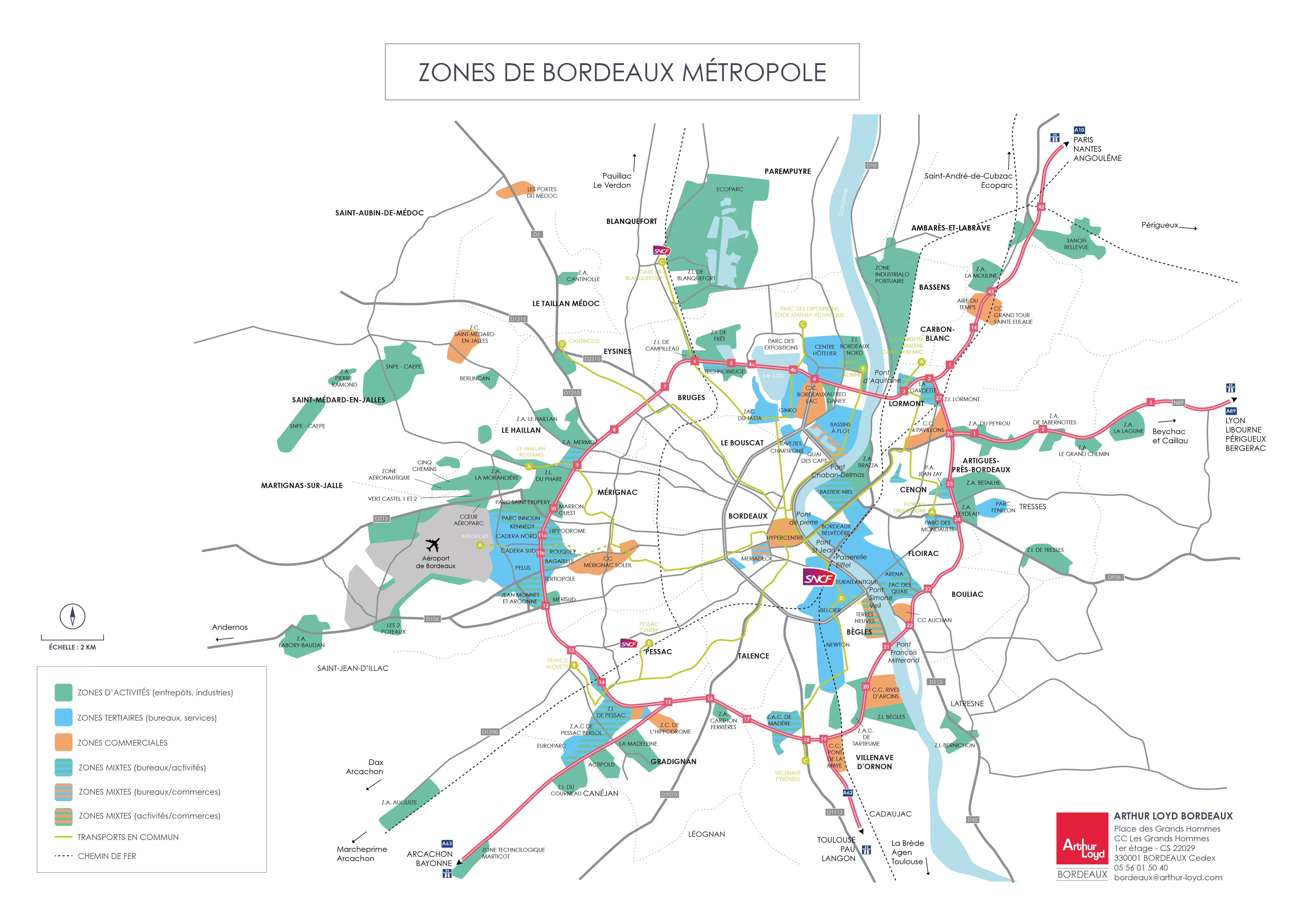 Carte des zones d'activité de Bordeaux métropoles