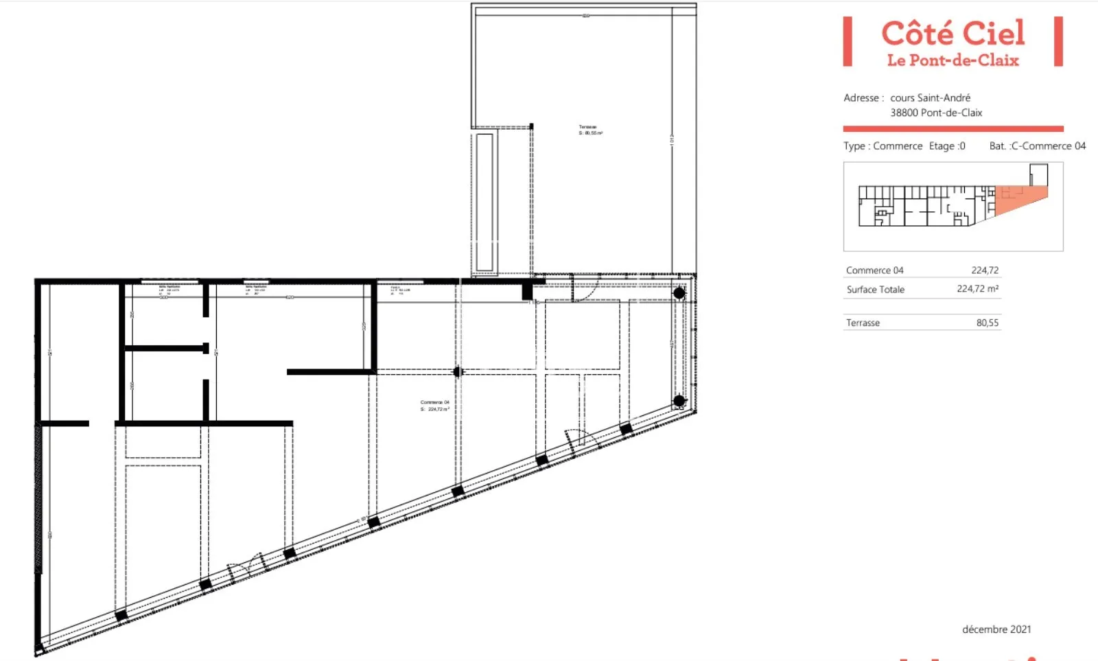 LOCAL COMMERCIAL 235 M² A LOUER BRUT DE BETON PONT DE CLAIX TERRASSE