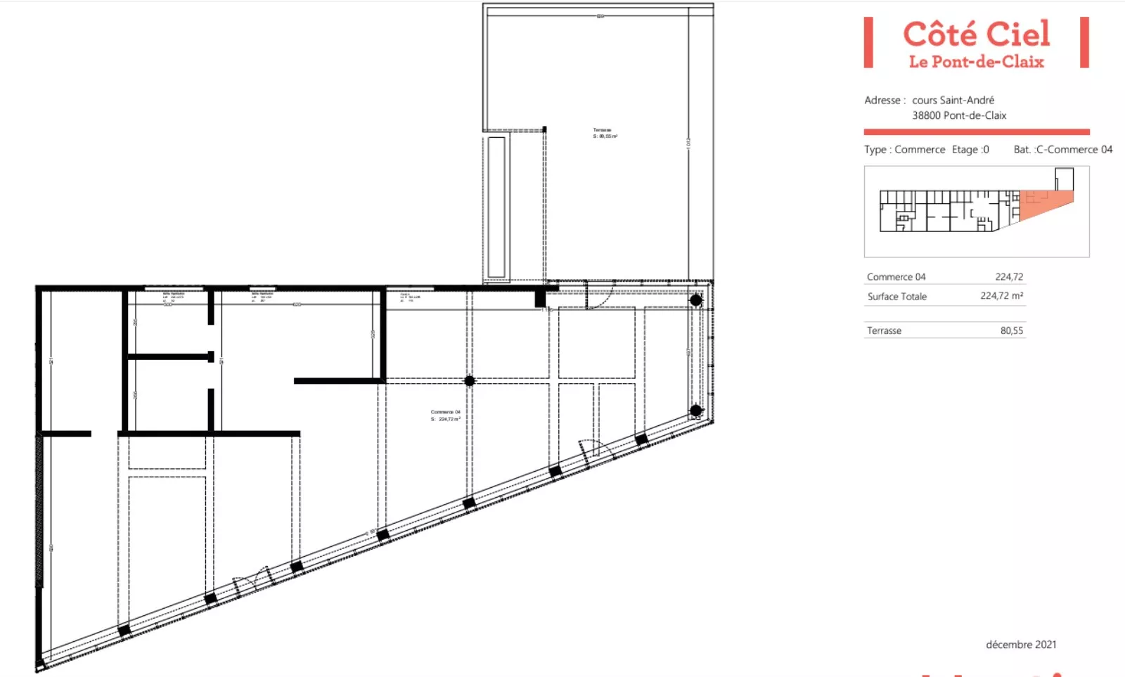 LOCAL COMMERCIAL 235 M² A LOUER BRUT DE BETON PONT DE CLAIX TERRASSE