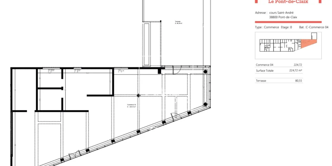 LOCAL COMMERCIAL 235 M² A LOUER BRUT DE BETON PONT DE CLAIX TERRASSE