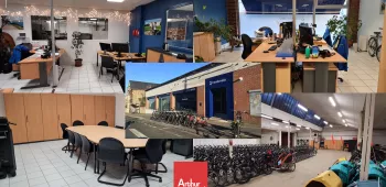 Dans un local entièrement rénové avec 2 bureaux en openspace, 1 salle de réunion, 1 espace location de vélo et 1 espace de stockage vélos